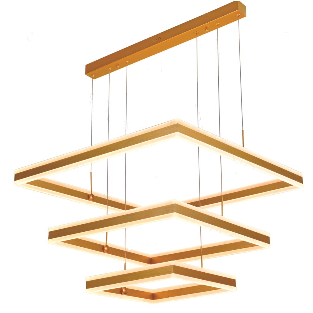 Lustre Pendente Dcd03048 3 Quadrados 40×60x80cm 228w 3000k 22600lm Metal Escovado Dourado+acrilico C