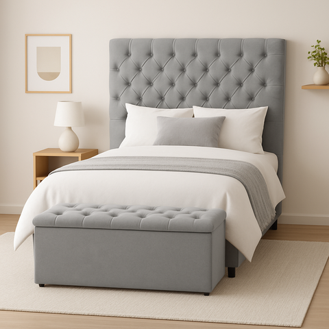 Cabeceira Mais Calçadeira Baú Solteiro 90cm para Cama Box Suede Cinza