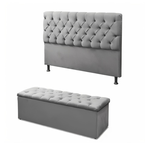 Cabeceira com Calçadeira Recamier Baú Casal Cinza
