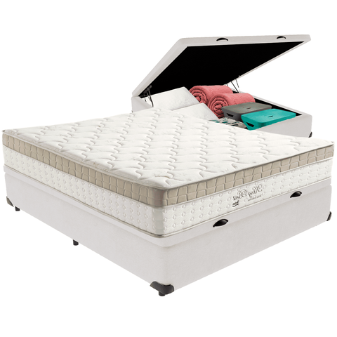 Cama Box Baú Branco e Colchão King Best Bege Molas Ensacadas Casal Anjos