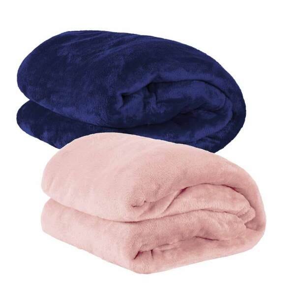 Kit 2 Cobertores Manta Microfibra Solteiro (Toque Aveludado) - Rosa/Azul