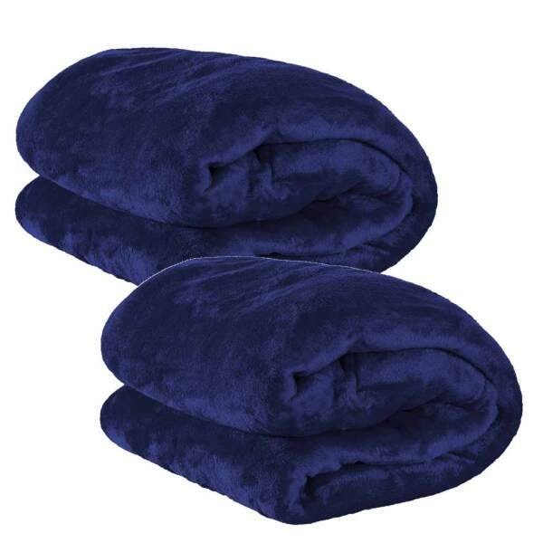 Kit 2 Cobertores Manta Microfibra Solteiro (Toque Aveludado) - Azul Marinho
