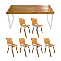Conjunto de Mesa Industrial Bernardo Madeira Maciça 1,80Mx90cm com Ferragem Branca e 6 Cadeiras Detr - 1