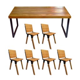 Conjunto de Mesa Industrial Bernardo Madeira Maciça 2,00Mx90cm com Ferragem Preta e 6 Cadeiras Detro - 1