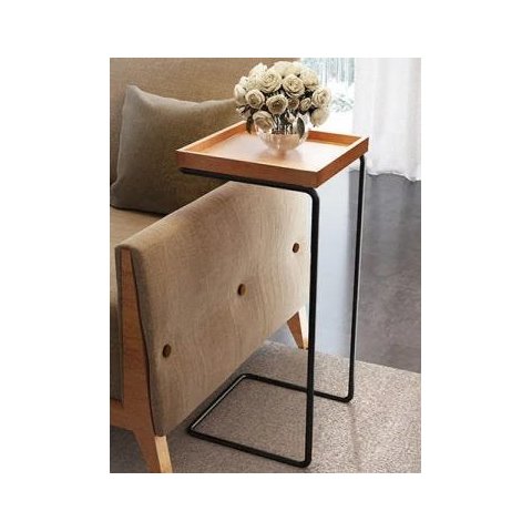 Apoio Lateral para Sofá Bandeja sem Espelho Porta Copos Base Metal Decoração de Sala - MADEIRA/PRETA