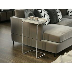 Apoio Lateral para Sofá Bandeja sem Espelho Porta Copos Base Metal Decoração de Sala - Off / Prata