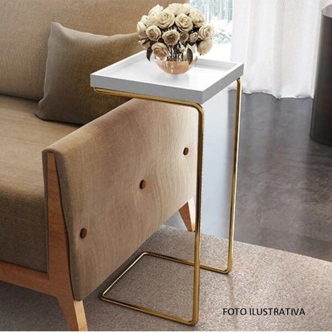 Apoio Lateral Sofá Bandeja sem Espelho Porta Copos Base Metal Decoração Sala - OFF WHITE / DOURADA