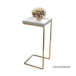 Apoio Lateral Sofá Bandeja sem Espelho Porta Copos Base Metal Decoração Sala - OFF WHITE / DOURADA - 2