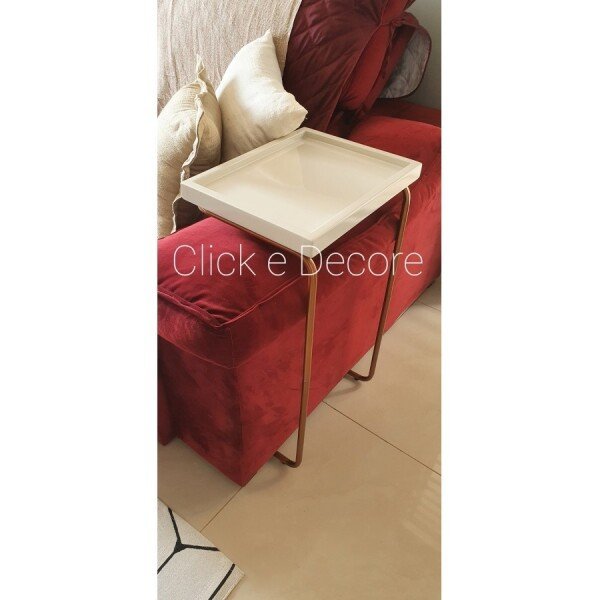 Apoio lateral sofá bandeja sem espelho porta copos base metal decoração de sala - OFF WHITE / BRONZE
