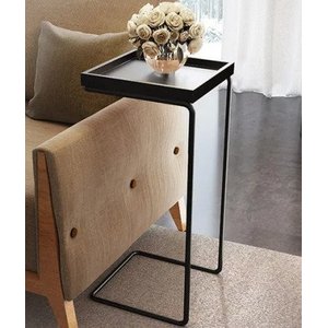 Apoio Lateral para Sofá Bandeja sem Espelho Porta Copos Base Metal Decoração de Sala - Preta / preta