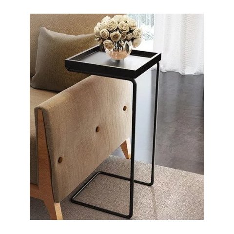 Apoio Lateral para Sofá Bandeja sem Espelho Porta Copos Base Metal Decoração de Sala - Preta / preta