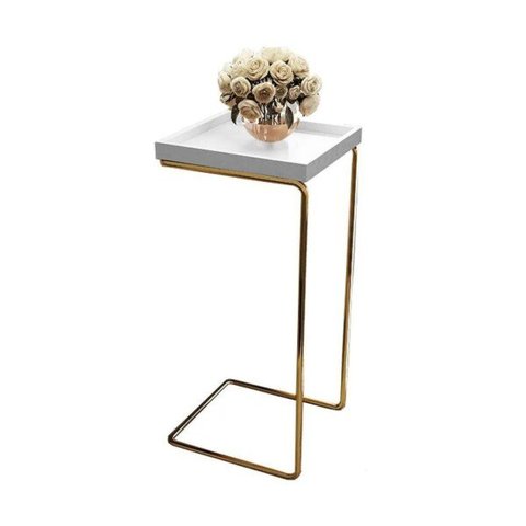 Apoio lateral para sofá bandeja sem espelho porta copos base metal decoração de sala BRANCA/DOURADA