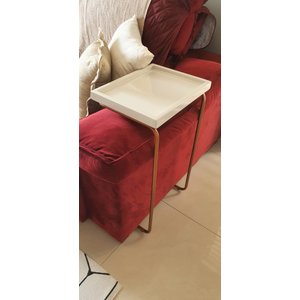 Apoio Lateral para Sofá Bandeja sem Espelho Porta Copos Base Metal Decoração de Sala - BRANCA/BRONZE