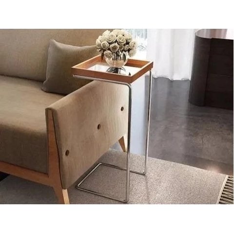 Apoio Lateral Sofá Sala Bandeja Espelho Porta Copos Base Metal Decoração-madeira com Espelho/prata