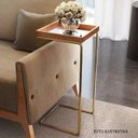 Ver imagem 2 de Apoio Lateral Sofá Sala Bandeja Espelho Porta Copos Base Metal Decoração-madeira com Espelho/dourada