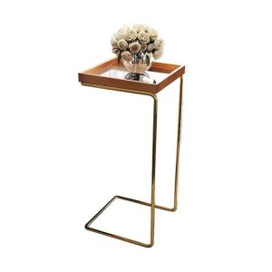 Apoio Lateral Sofá Sala Bandeja Espelho Porta Copos Base Metal Decoração-madeira com Espelho/dourada