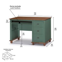 Escrivaninha 3 Gavetas Suporte Teclado e Divisor de Ambiente 50605 Linz Moveis - Verde Musgo/imbuia - 6