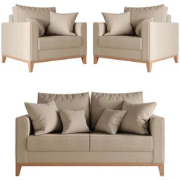 Kit Sofá 2 Lugares e 2 Poltronas Beny Base em Madeira Maciça Linho Bege Kimi Design - 1