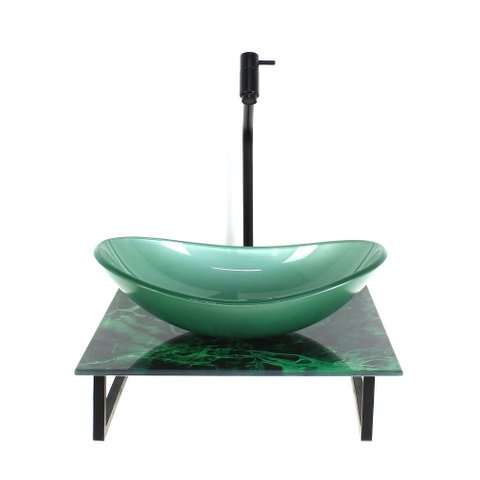 Gabinete de Vidro com Cuba Oval com Tampo de Vidro 40cm X 40cm Mármore Verde