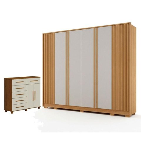 Guarda Roupa Casal Evo 6 Portas Cinamomo e Off-white com Cômoda São Paulo 6 Gavetas 2 Portas Cinamom