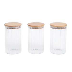 Kit 3 potes vidro canelado com tampa de bambu 800ml - Oikos