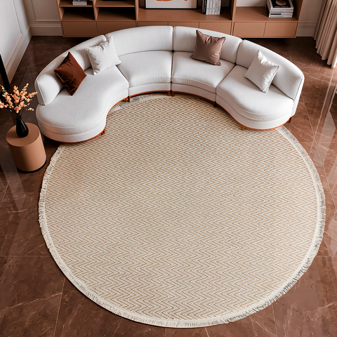 Tapete Redondo Sala Quarto 100% Algodão Estampa Zigzag Franja Lavável Antiderrapante Decoração Boho