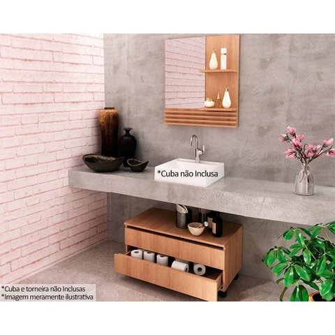 Conjunto de Banheiro Balcão C- Rodizios Bn3603 S- Cuba 80cm e Armário C- Espelho Bn3614 Amêndoa