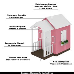 Casinha de Brinquedo Artesanal com Varanda MDF Branco/Rosa - Criança Feliz Casinha com Varanda - 4
