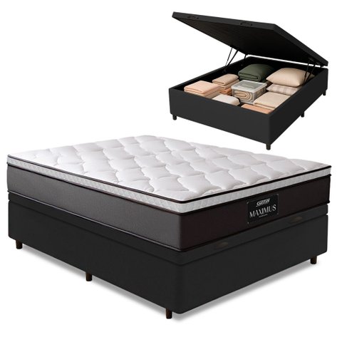 Cama Box Baú Casal Colchão Gazin Maximus Molas Ensacadas 138x188x65cm Cinza / Preto