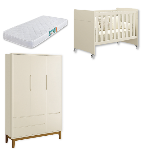 Quarto de Bebê Berço Evolution + Guarda Roupa Infantil 3P e 2g Areia Classic com Colchão