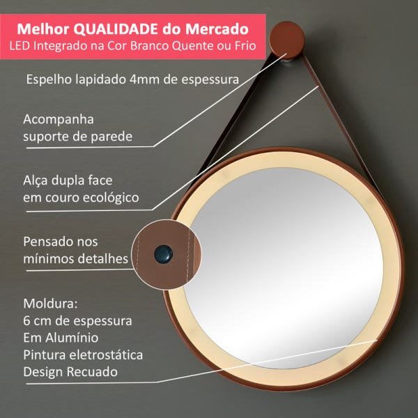 Espelho Redondo Adnet LED 37cm Café com Suporte e Alça em Couro Ecológico Decorativo com Interruptor - 2