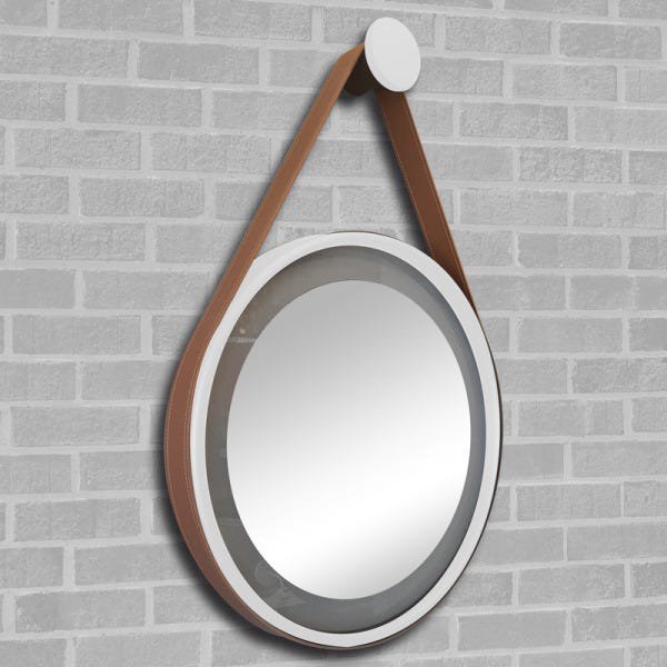 Espelho Redondo Adnet LED 37cm Branco com Suporte e Alça em Couro Ecológico Decorativo com Interrupt - 2
