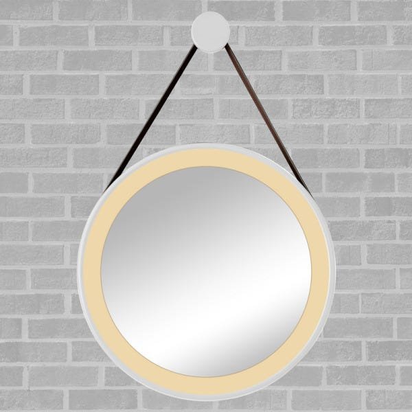Espelho Redondo Adnet LED 37cm Branco com Suporte e Alça em Couro Ecológico Decorativo com Interrupt