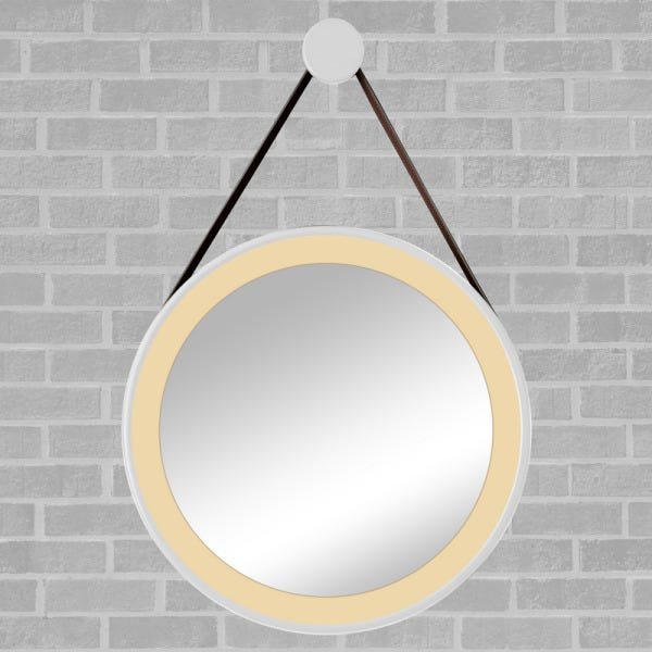 Espelho Redondo Adnet LED 60cm Branco com Suporte e Alça em Couro Ecológico Decorativo com Interruptor