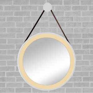 Espelho Redondo Adnet Led 60cm Branco com Suporte e Alça em Couro Ecológico Decorativo com Interrupt