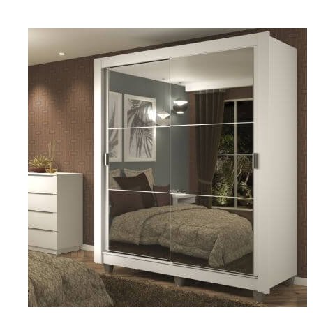 Guarda-Roupa Solteiro Madesa Dallas Plus 2 Portas de Correr de Espelho 4 Gavetas com Pés Branco Cor: