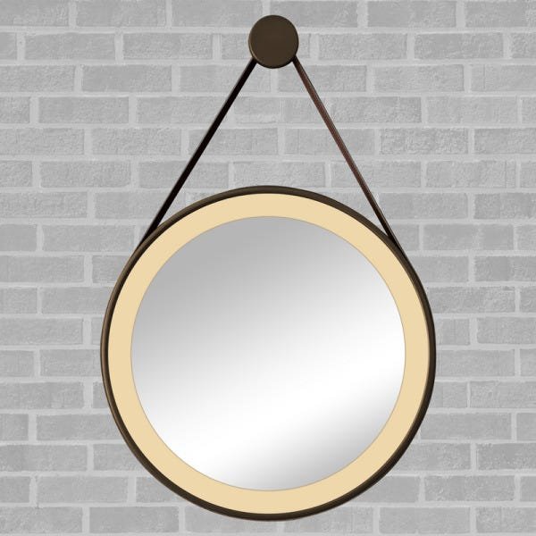 Espelho Redondo Adnet LED 60cm com Suporte Café e Alça em Couro Ecológico Decorativo com Interruptor - 1