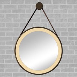 Espelho Redondo Adnet LED 60cm com Suporte Café e Alça em Couro Ecológico Decorativo com Interruptor - 1