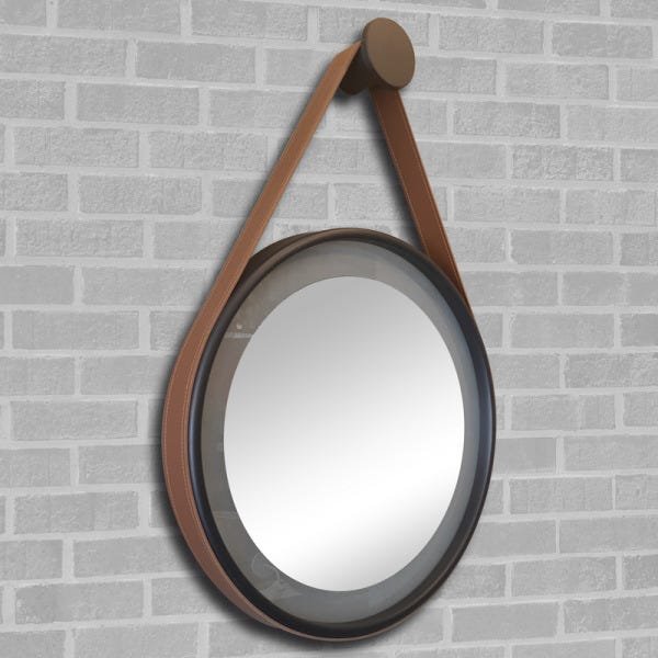 Espelho Redondo Adnet LED 60cm com Suporte Café e Alça em Couro Ecológico Decorativo com Interruptor - 2