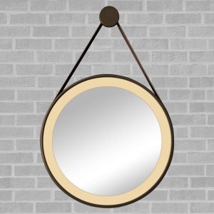 Espelho Redondo Adnet LED 50cm Café com Suporte e Alça em Couro Ecológico Decorativo com Interruptor
