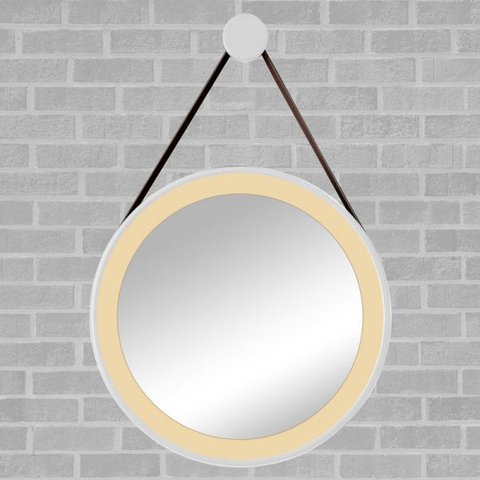 Espelho Redondo Adnet LED 50cm Branco com Suporte e Alça em Couro Ecológico Decorativo com Interruptor
