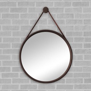 Espelho Redondo Adnet 60cm Marrom Café com Suporte e Alça em Couro Ecológico Escandinavo Decorativo