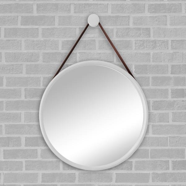 Espelho Redondo Adnet 60cm Branco com Suporte e Alça em Couro Ecológico Escandinavo Decorativo