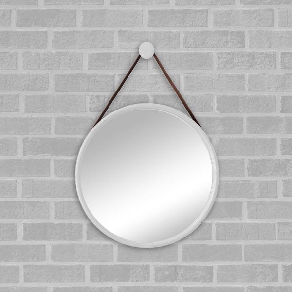 Espelho Redondo Adnet 50cm Branco com Suporte e Alça em Couro Ecológico Escandinavo Decorativo - 1