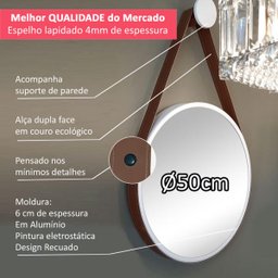 Espelho Redondo Adnet 50cm Branco com Suporte e Alça em Couro Ecológico Escandinavo Decorativo - 2