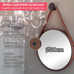 Espelho Redondo Adnet 50cm Marrom Café com Suporte e Alça em Couro Ecológico Escandinavo Decorativo - 2