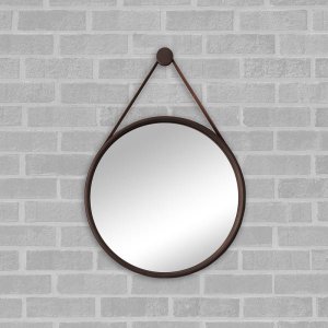Espelho Redondo Adnet 50cm Marrom Café com Suporte e Alça em Couro Ecológico Escandinavo Decorativo