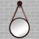 Ver imagem 1 de Espelho Redondo Adnet 37cm Marrom Café com Suporte e Alça em Couro Ecológico Escandinavo Decorativo