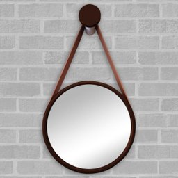 Espelho Redondo Adnet 37cm Marrom Café com Suporte e Alça em Couro Ecológico Escandinavo Decorativo - 1