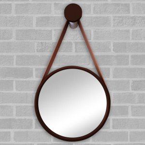 Espelho Redondo Adnet 37cm Marrom Café com Suporte e Alça em Couro Ecológico Escandinavo Decorativo